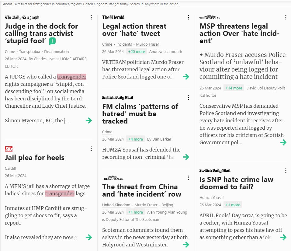 screenshot of articles from pressreader in text form feauring the Daily Telegraph, Daily Star, The Herald, Scottish Daily Mail, the Scotsman