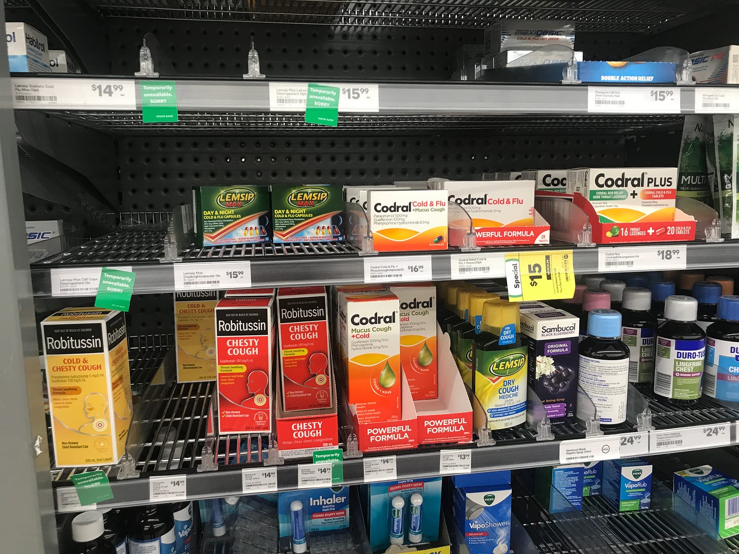 Half-empty shelves at the supermarket in the ‘Cold & Flu’ section at the Supermarket in June 2023