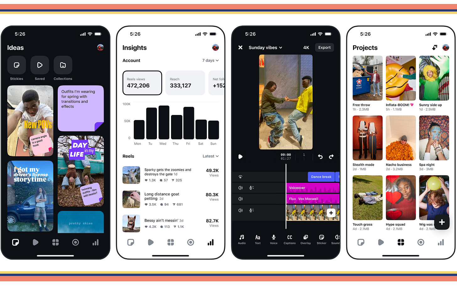 4 mobile screens from Instagram’s new video editing app, Edits. From left to right:  Ideas screen, Insights screen, editing screen, projects screen