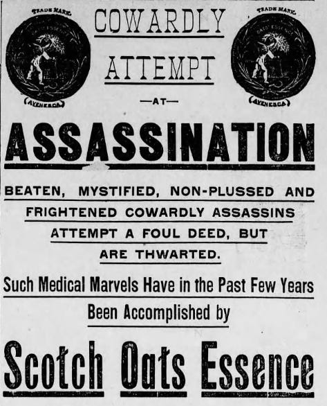 An 1880s newspaper advertisement headlined 'Cowardly Attempt at Assassination.' The advert condemns those who had tried to criticise the Scotch Oats Essence.