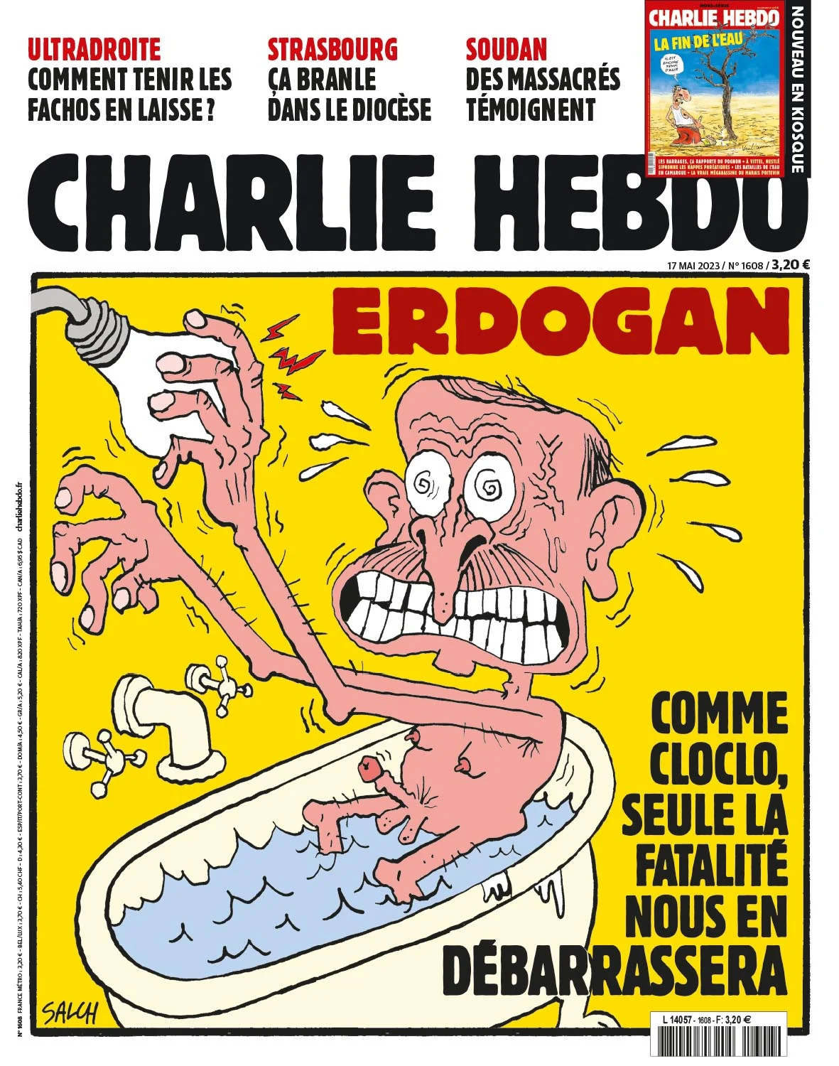 “ERDOGAN, VAIN KOHTALO VOI VAPAUTTAA MEIDÄT HÄNESTÄ!” - Tänään julkaistun numeron kansikuvaa koristaa alaston Erdoğan, joka saa sähköiskun lampusta ja seuraamuksena erektion. Erdoğanin perustaman AKP-puolueen logo on hehkulamppu.