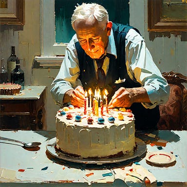 Man lighting candles on birthday cake.