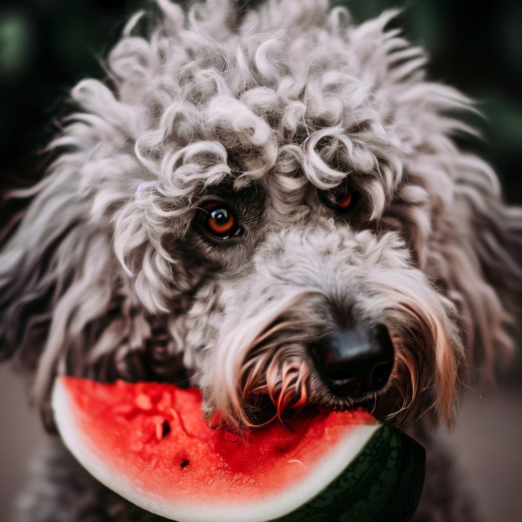 a photo of a grey curly haired dog eating watermelon