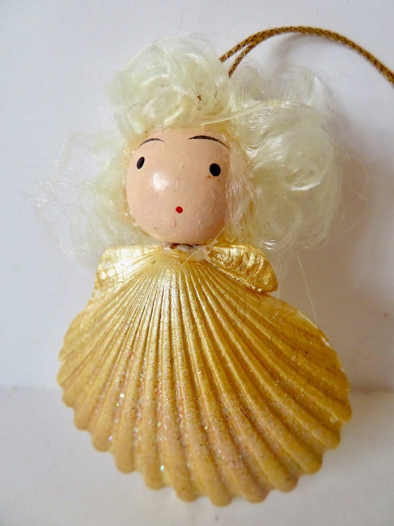 Vintage 70s Kitschy Painted Wooden Peg Doll and Glittered Seashell Christmas Tree Ornament Gold Glitter Mermaid Decoration Curly Hair image 1