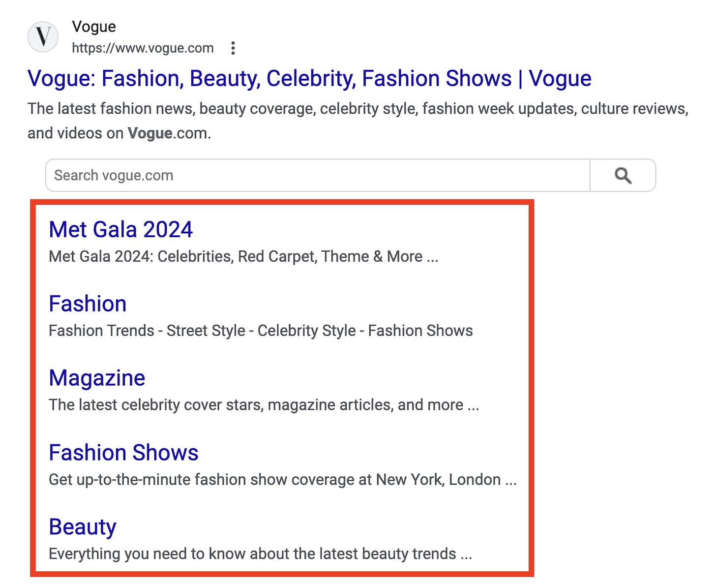 A Google Search screenshot of the Vogue.com result, with sublinks below the main homepage. The links direct to sections like “Met Gala 2024” and “Beauty.”
