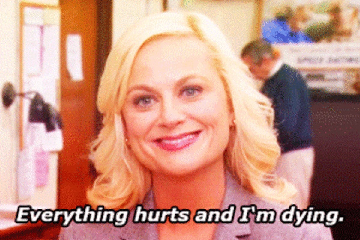Amy Poehler in Parks and Rec saying "Everything hurts and I'm dying."