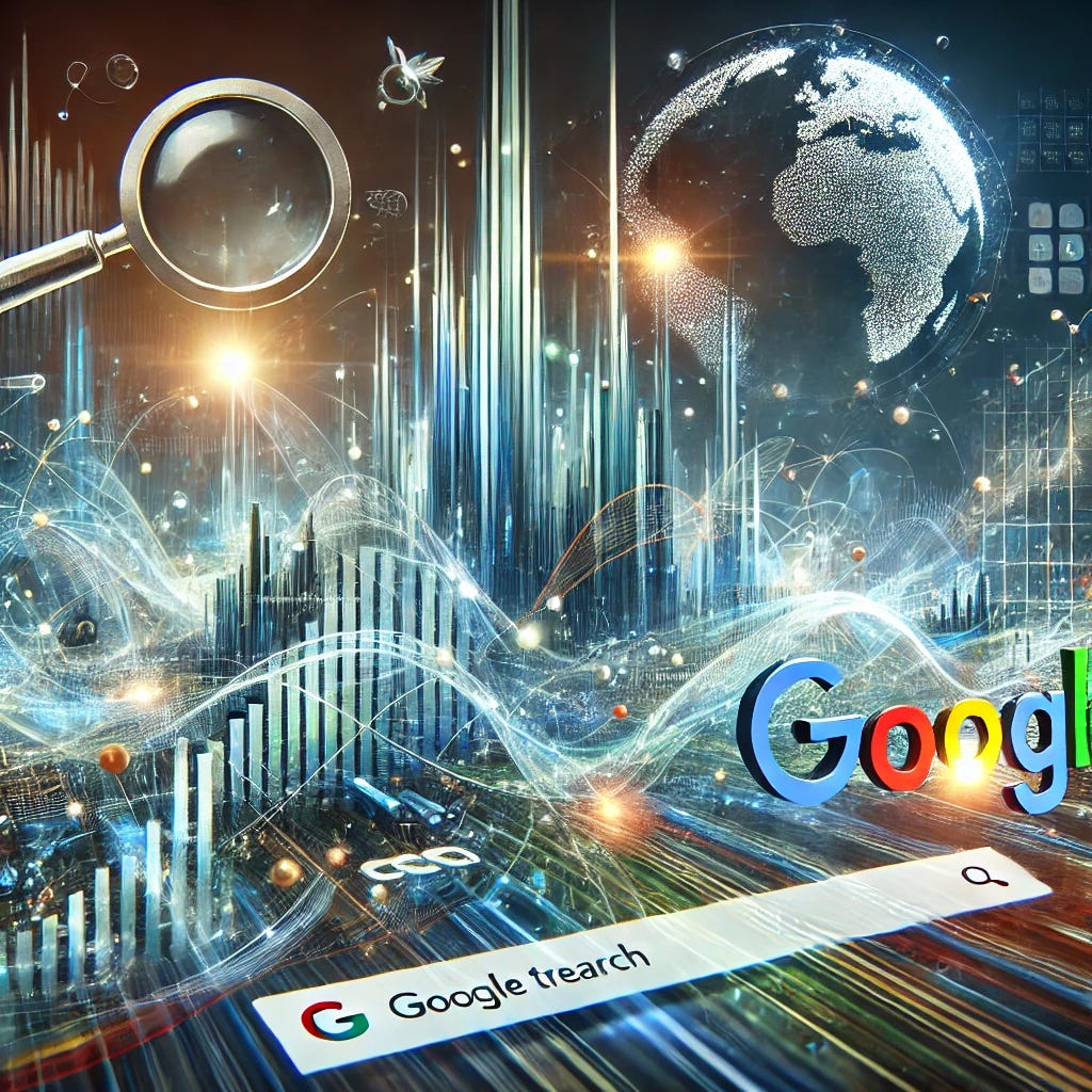 A hero image showcasing the power and complexity of data analysis using Google Trends. The image features a dynamic, multi-layered graph or chart with rising data points, glowing lines, and search terms floating above a Google search bar. In the background, subtle elements like a magnifying glass, a globe, and digital data streams evoke a sense of global data connectivity and insight. The overall color scheme should be vibrant, with shades of blue, green, and white to convey a modern, tech-driven feel.