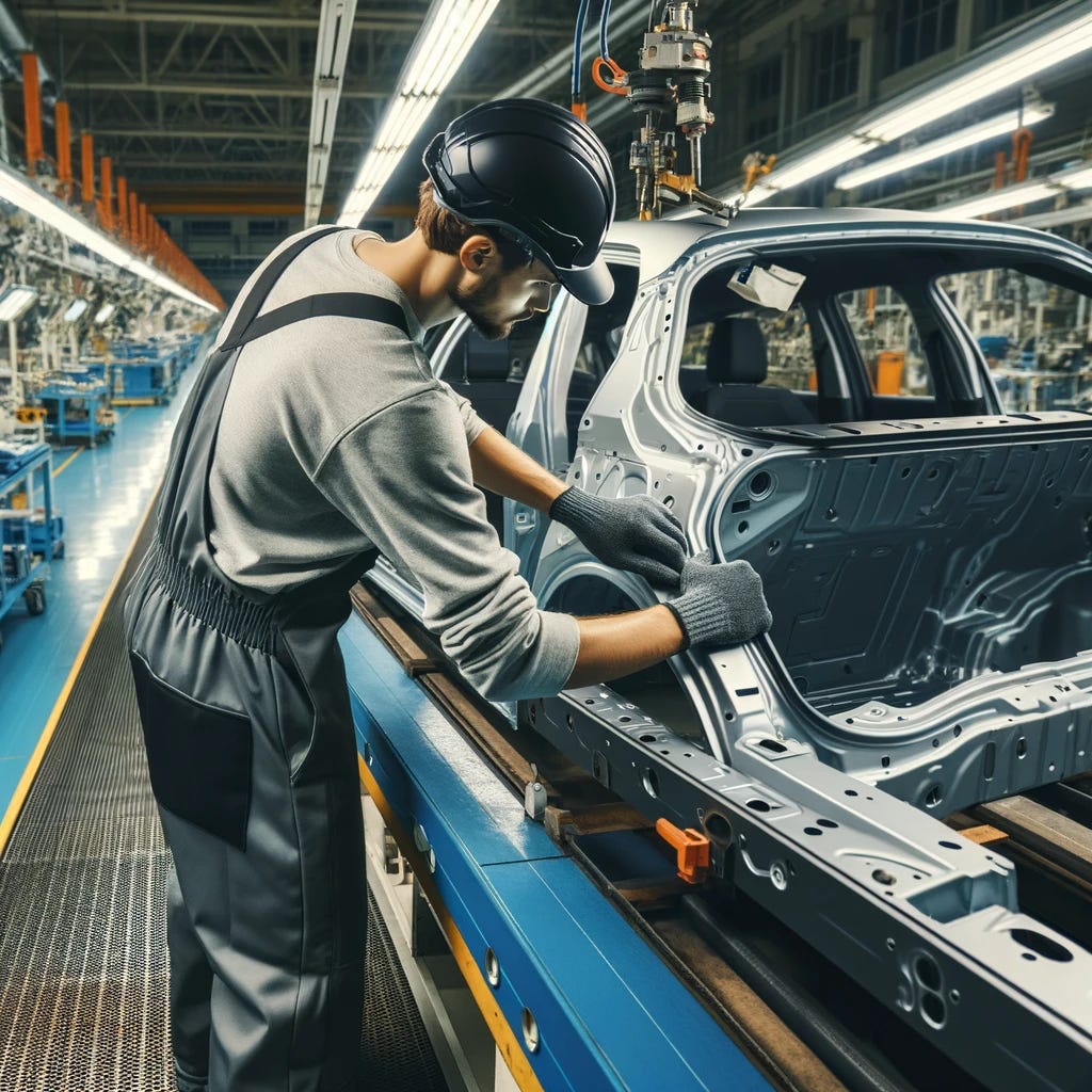 An image of a factory worker from behind, attaching a panel to a car on a conveyor belt in a car manufacturing plant. The worker is wearing a uniform with safety gear, including gloves and a helmet. The focus is on their hands skillfully attaching the panel to a partially assembled, modern car. The conveyor belt shows other cars in various stages of assembly. The factory setting is highlighted by industrial machinery and tools in the background, with bright lighting illuminating the scene.