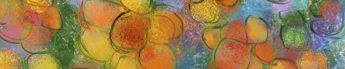 Abstract painting by Sherry Killam Arts, a horizontal strip of orange, lemon, lime shapes.