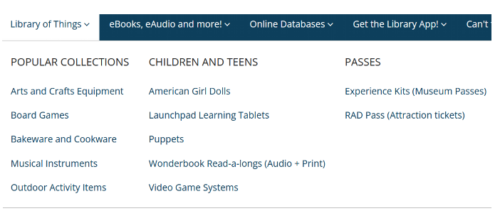 listing of the online catalog of the Carnegie library showing the Library of Things including bakeware and musical instruments