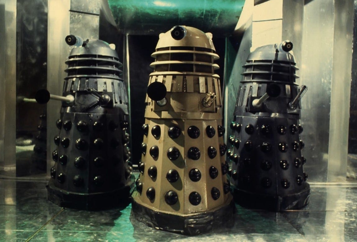 A photograph of three empty Dalek props on the set of Day of the Daleks (1972) 