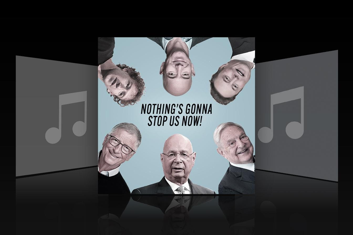 Album cover featuring global elites Klaus Schwab, Bill Gates, and Elon Musk encircling the words "Nothing's Gonna Stop Us," promoting the satirical New World Order theme song.