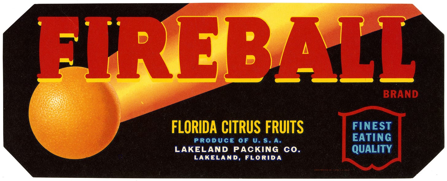 Citrus fruit vintage label from Fireball brand with an orange resembling a fireball.