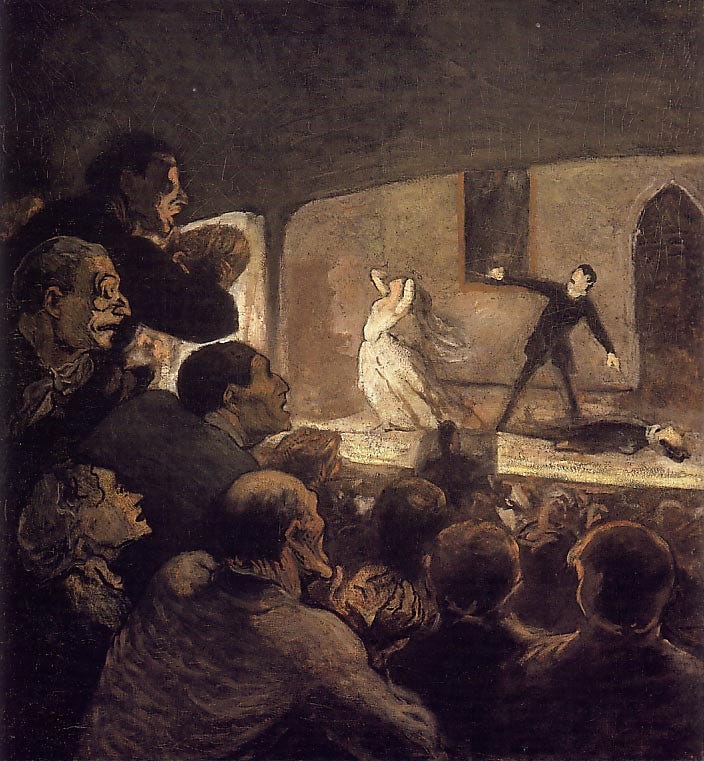 A theater scene around 1860. The painting focuses on the audience watching the performance.