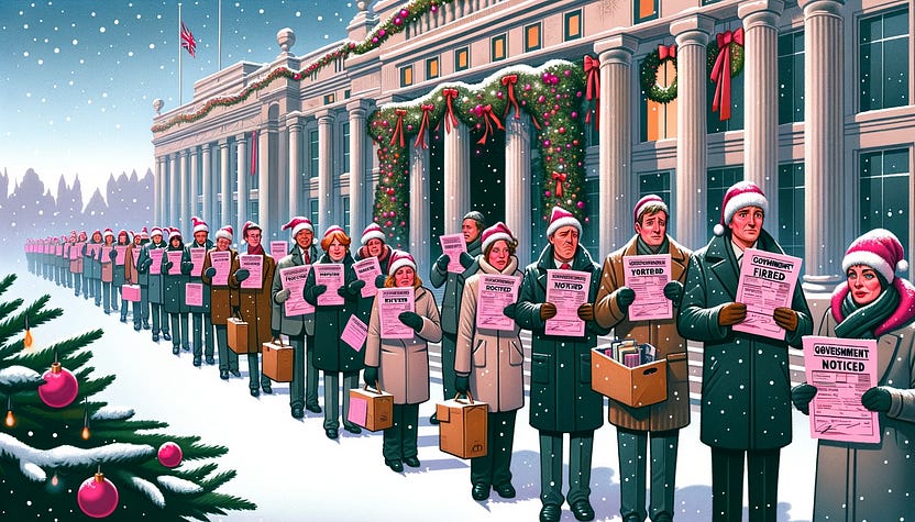 A line of government workers with pink slips on Christmas