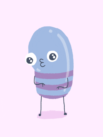 A purple, pill-shaped cartoon character shrugs.