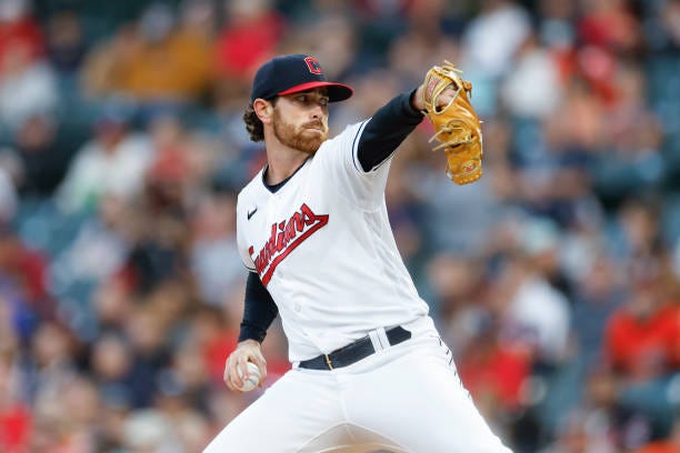 Shane Bieber of the Cleveland Guardians pitches against the Baltimore Orioles during the first inning at Progressive Field on September 22, 2023 in...