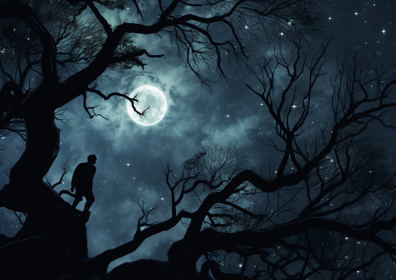A man high in a tree contemplates the moon at night