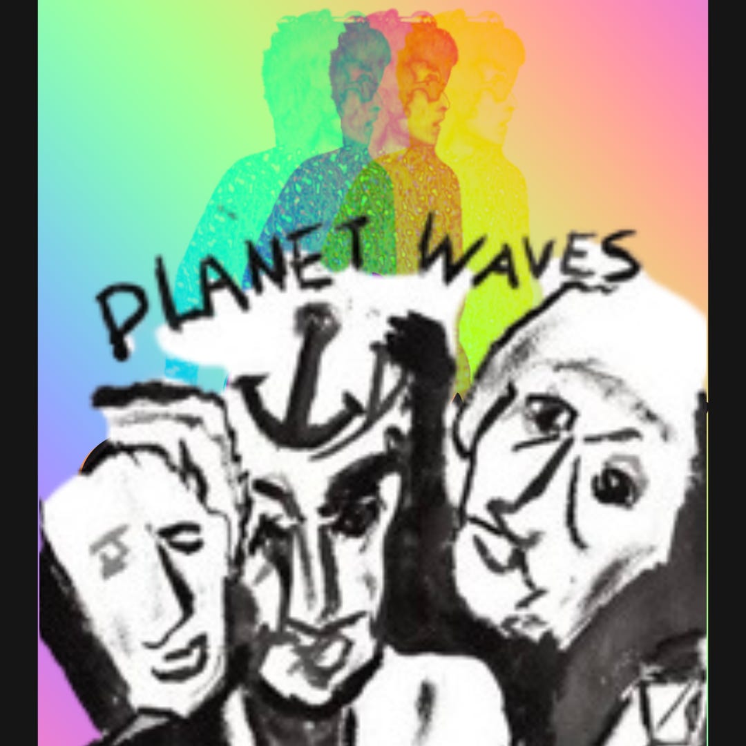 the cover art and words "planet waves" from the album superimposed over the Dylantantes logo