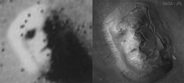 r/space - The “Face on Mars” captured by NASA’s Viking 1 orbiter in 1976 (left) and Mars Global Surveyor in 2001 (right)