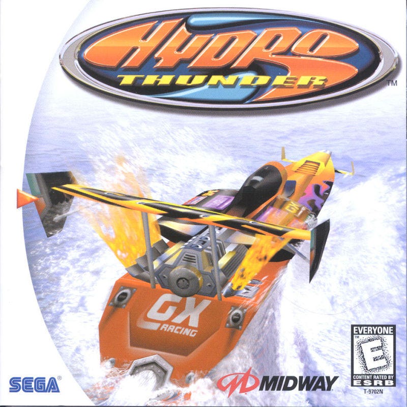 The Dreamcast box art for Hydro Thunder, featuring the game's logo and one of its many heavily modded, hi-tech speedboats.
