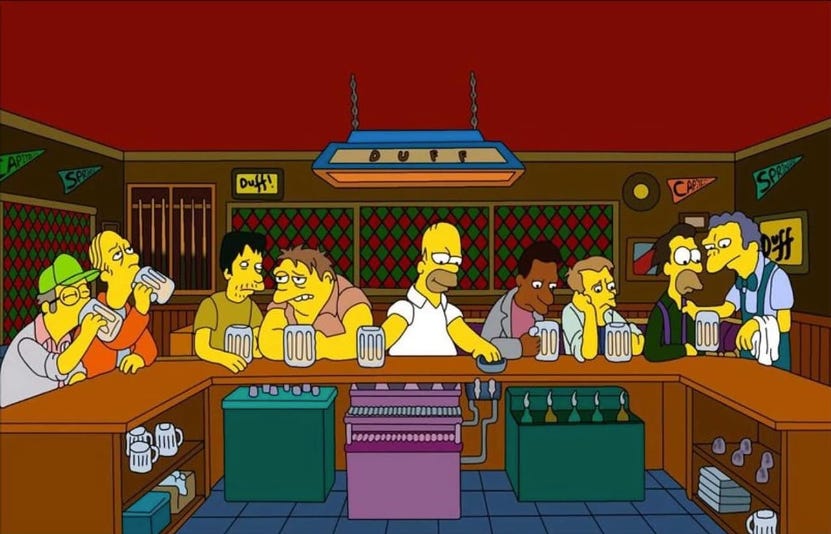 Simpsons scene at a bar in a similar formation to the Last Supper.