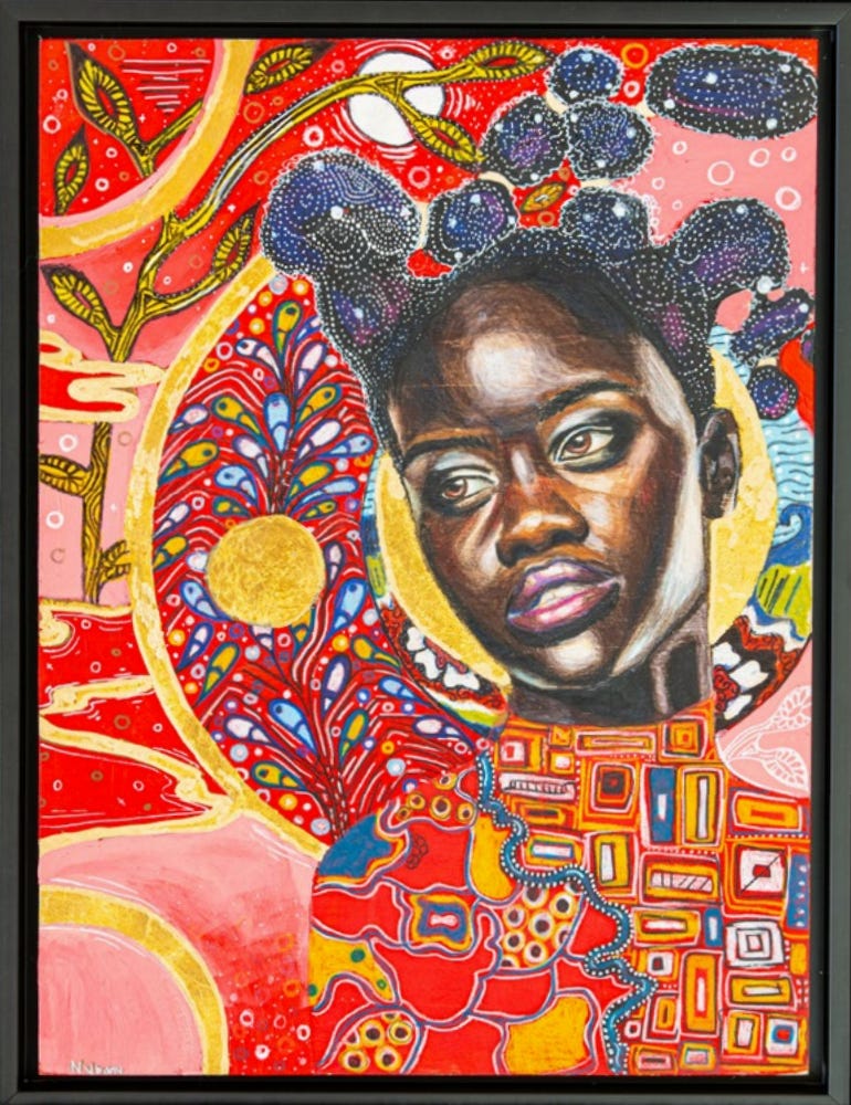 An artwork in color pencil and acrylic showing a young Black femme looking off into the distance, surrounded by colorful shapes, many in warm tones, that look like various biological organisms growing and moving.