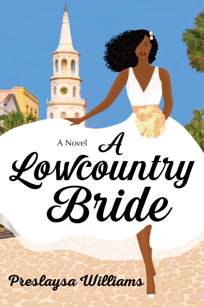 Illustrated book cover shows a smiling bride walking down a cobblestone street