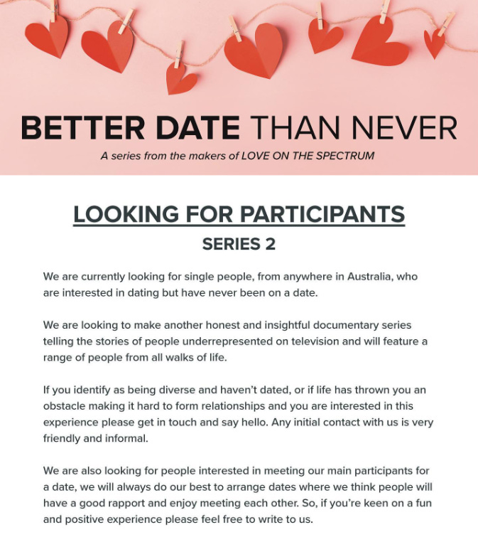 Better Date Than Never casting call graphic with hearts on string at the top and then black text on white background stating they are looking for single people in Australia who have never been on a date