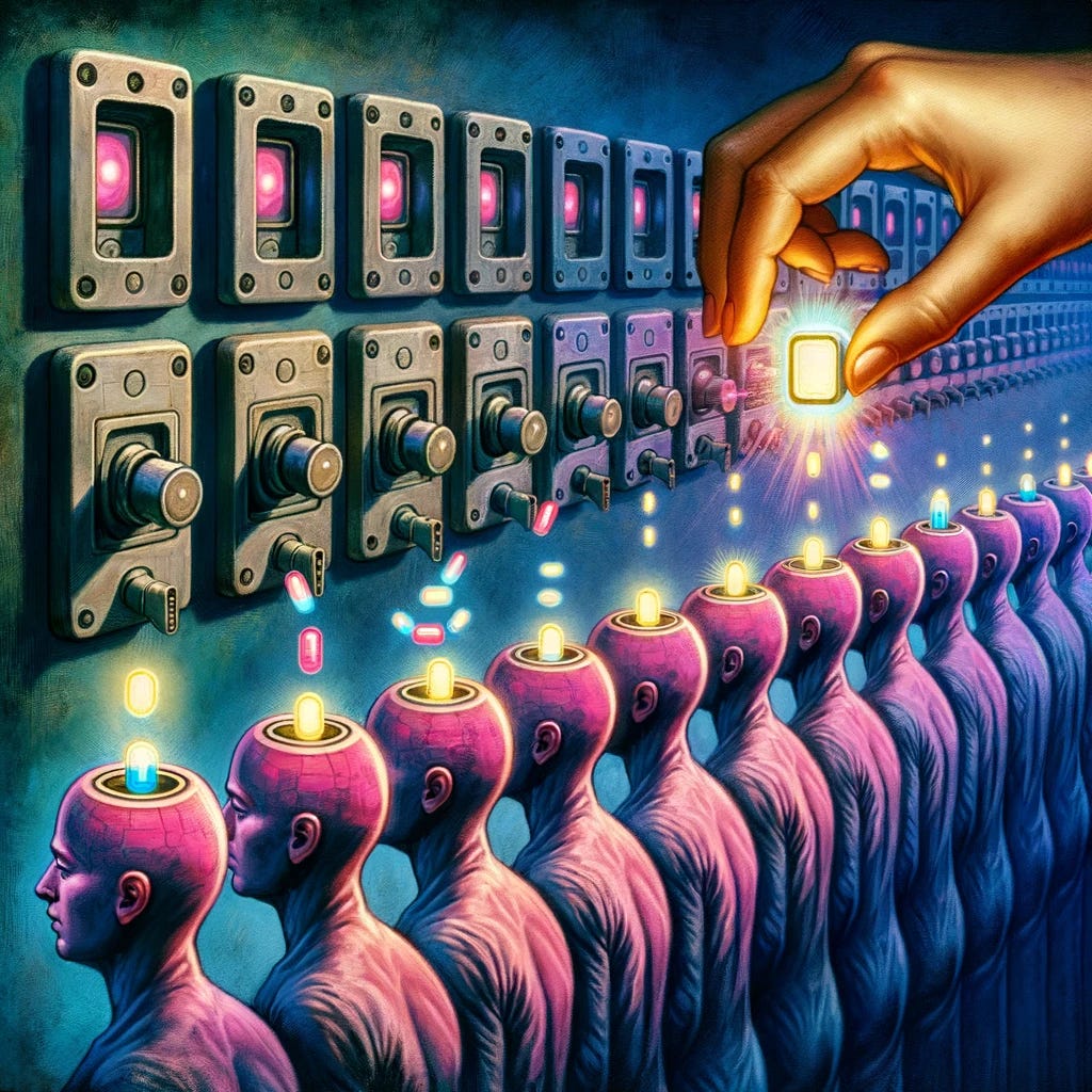 A digital painting capturing a row of people lined up side by side, each with a mechanical slot on the side of their heads. Above them, an array of hands is depicted, each hand inserting a bright, widget-shaped capsule of light into the slots. The act of insertion is delicate, almost reverential. The background is a harmonious blend of dark blue and bright pink, with the same rich shading and analogue-feeling texture as previously requested. This scene symbolizes the imparting of understanding in a mechanical, yet profound way.