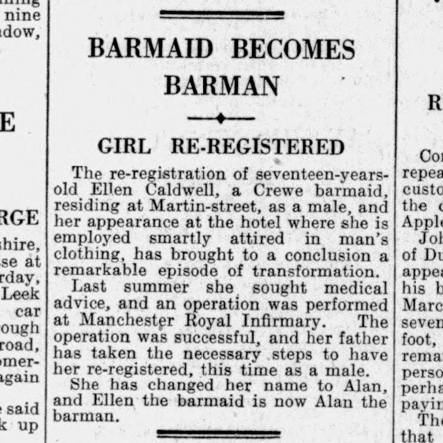 A short newspaper story. It reads: "Barmaid becomes barman: Girl Re-Registered." It concludes, saying, "She has changed her name to Alan, and Ellen the barmaid is now Alan the barman."