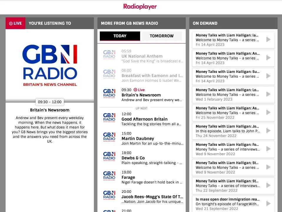 A screenshot of GB News Radio on the gbnews.com website, illustrating a story about its new AI-generated sport news bulletins.