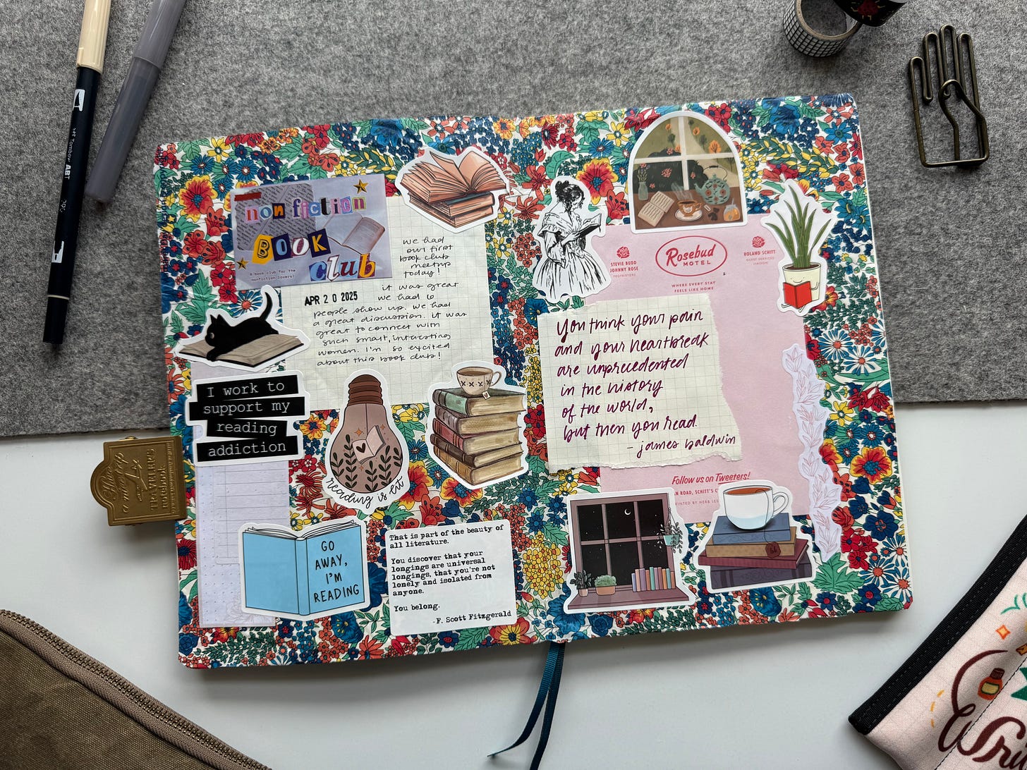 B5 Leuchtturm 1917 soft cover notebook open to junk journal spread where the theme was related to reading and flowers. 