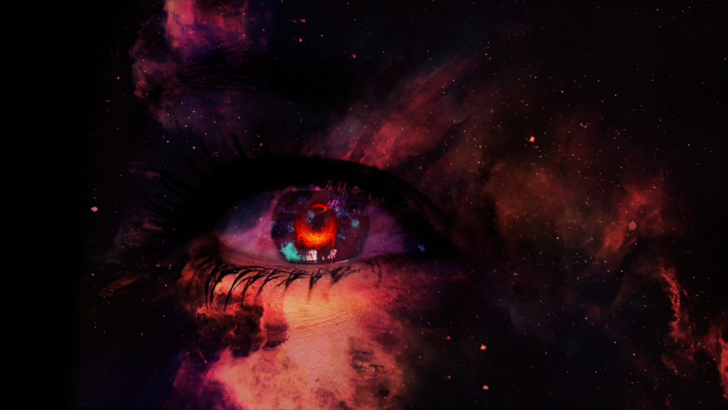 In a fire-smeared night sky, one eye stares out at you, glowing red at its center.