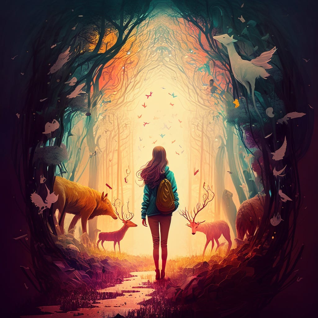 A girl walking through a forest with dear and birds around her
