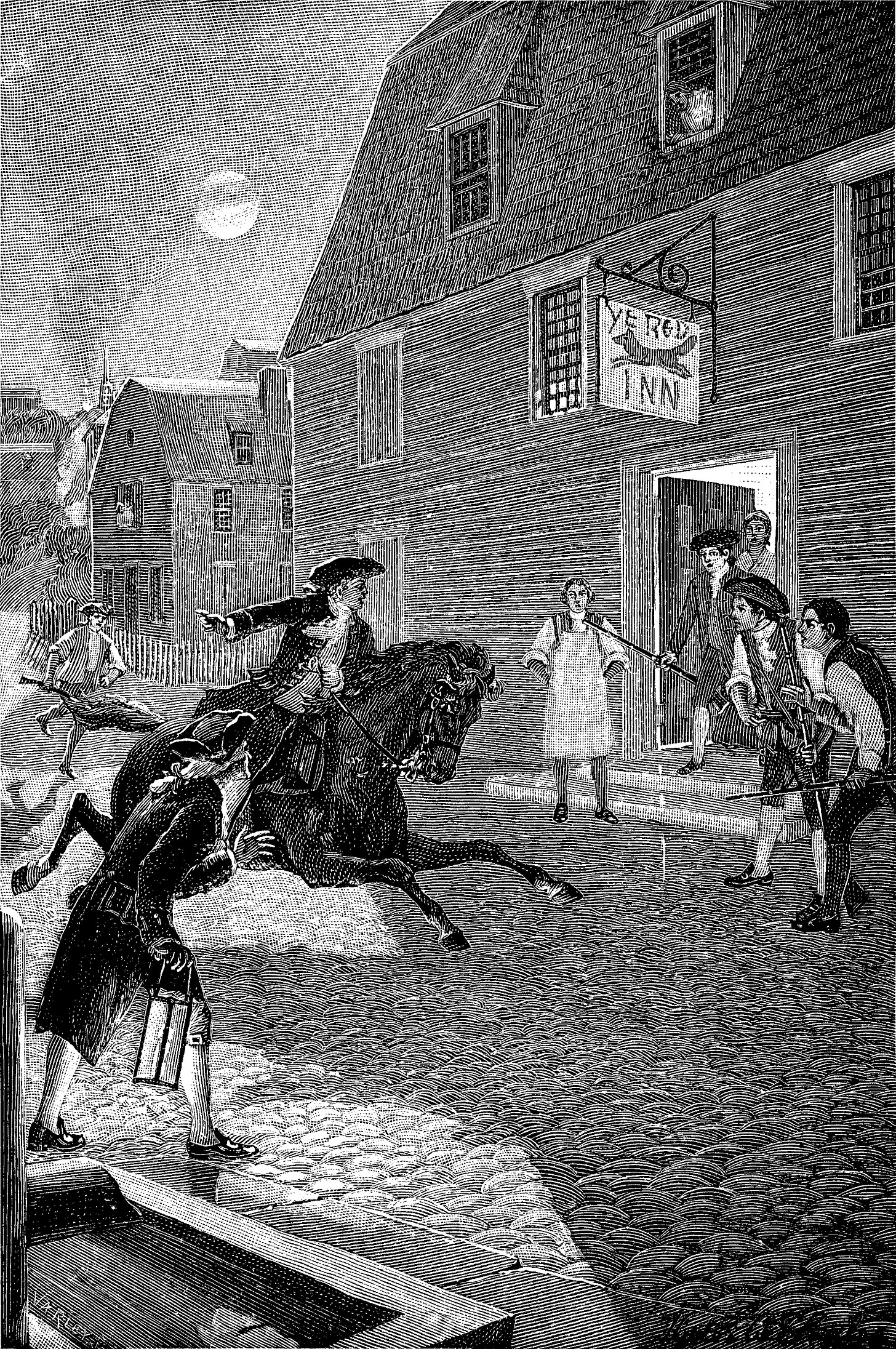 black and white sketch of Paul Revere riding a horse.