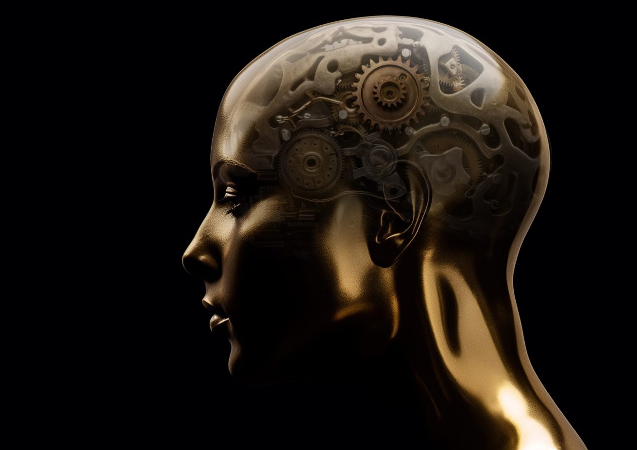 Profile view of a brass woman's head with a brain made of cogs and gears visible