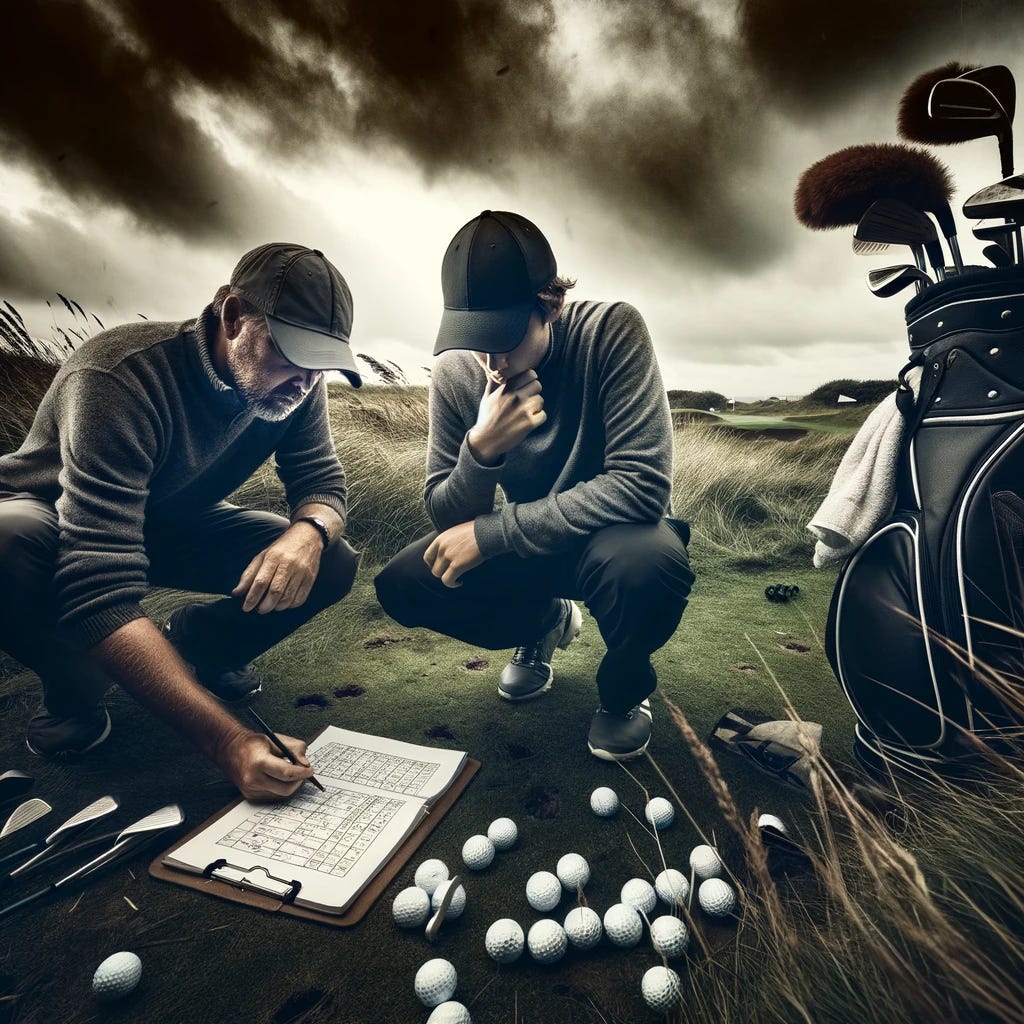 A gritty, intense scene on a cloudy day at a golf course, capturing a moment of deep analysis and reflection. A player and their coach are huddled over a notepad filled with performance notes and charts, both showing expressions of determination and focus. They are surrounded by the rough textures of the golf course - tall grass, uneven terrain, and a brooding sky overhead. This setting emphasizes the hard work and dedication required to excel in golf. Their golf bags are slightly worn, showing signs of frequent use, and a few scuffed golf balls and a well-used club are scattered around, indicating a long, rigorous practice session.