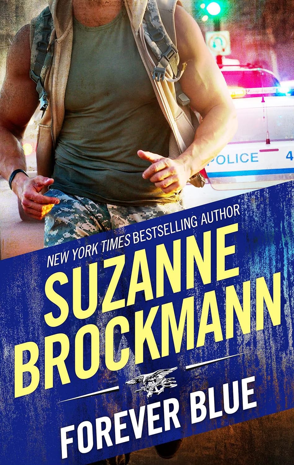Cover for FOREVER BLUE by New York Times Bestselling Author Suzanne Brockmann features a man in cammo running. We cannot see his face.