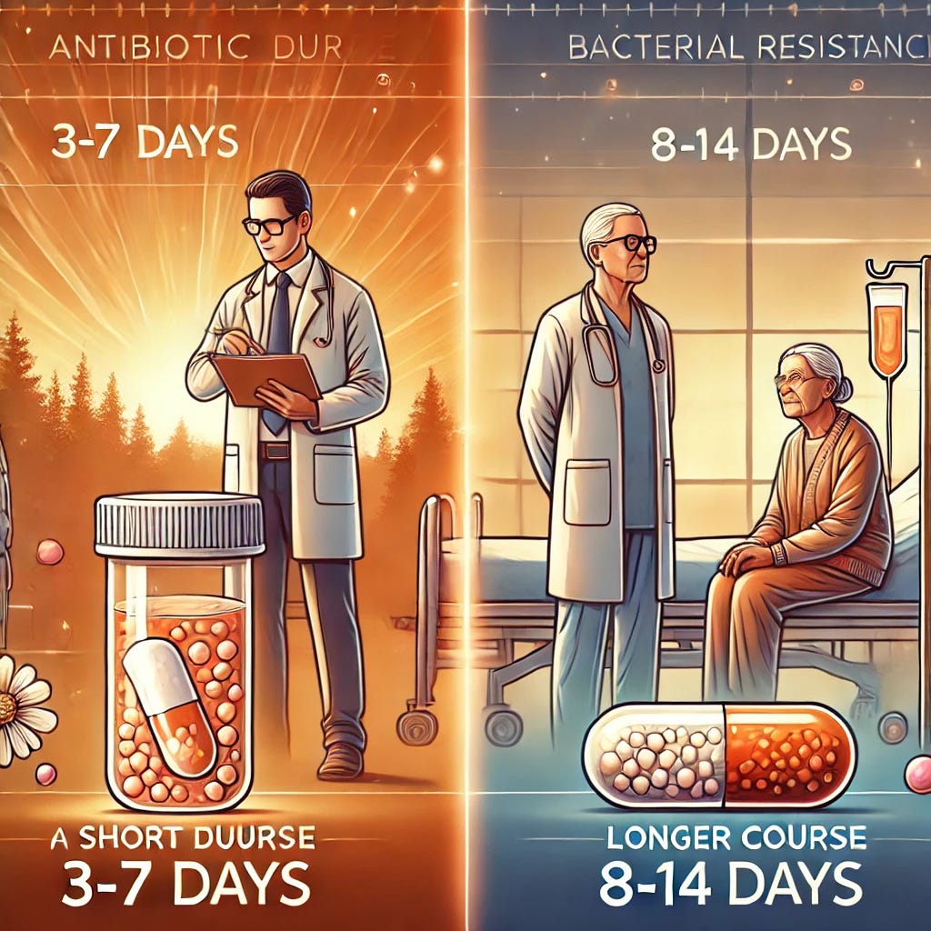 A digital illustration depicting a medical research study on antibiotic duration in older adults, using warm colors to evoke positive emotions. The image features a split comparison: on the left, a doctor prescribing a short antibiotic course (3-7 days), and on the right, a doctor prescribing a longer course (8-14 days). In the background, an elderly patient is shown recovering in both scenarios, with subtle medical charts displaying bacterial resistance analysis. The setting is a modern hospital or clinic environment, emphasizing healthcare and research.