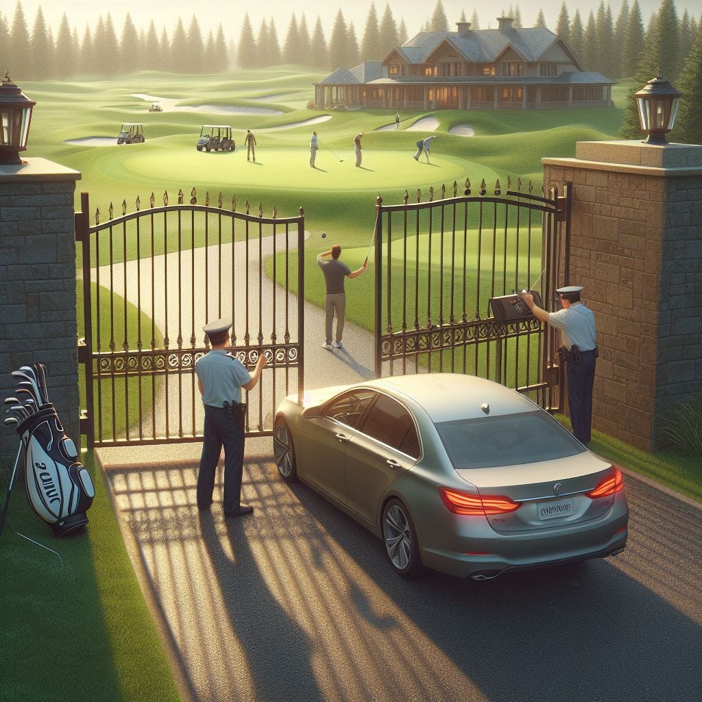 a private golf course with locked gates and an attendant, turning away a car of golffers