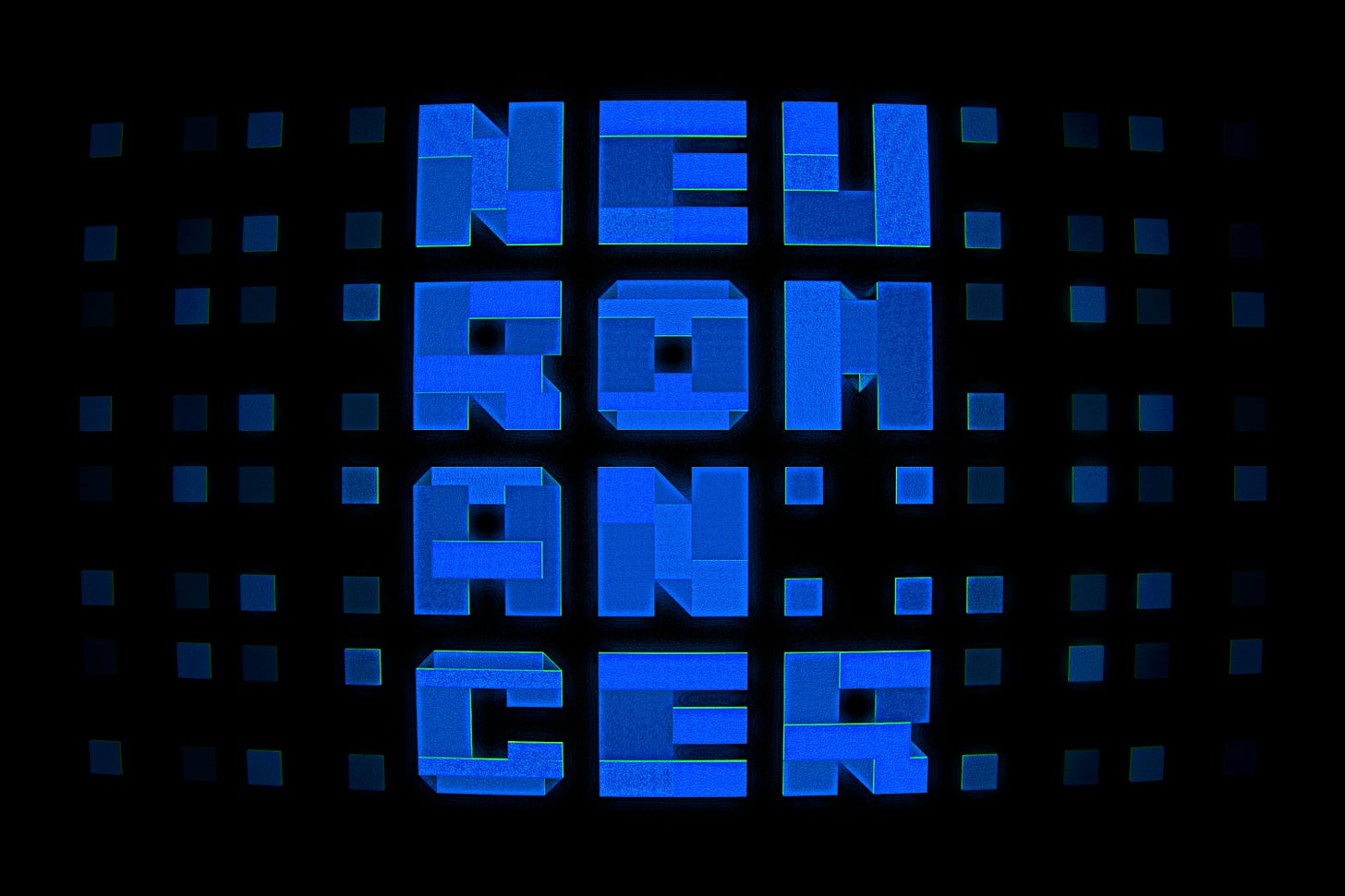 Graphic illustration of the word "NEUROMANCER" in glitchy blue on a black background and split into three sections arranged vertically (top to bottom): NEU / ROM / AN / CER