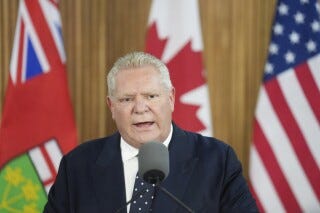 Ontario Premier Doug Ford holds a news conference regarding the new tariffs that the United States has placed on Canada, at Queen's Park in Toronto on Tuesday, March 4, 2025. (Nathan Denette/The Canadian Press via AP)