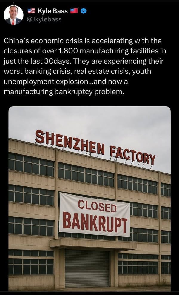 May be an image of text that says 'Kyle Bass @Jkylebass China's S economic crisis is accelerating with the closures of over 1,800 manufacturing facilities in just the last 30days. They are experiencing their worst banking crisis, real estate crisis, youth unemployment explosion...anc ..and now a manufacturing bankruptcy problem. SHENZHEN 量 FACTORY CLOSED BANKRUPT AA'