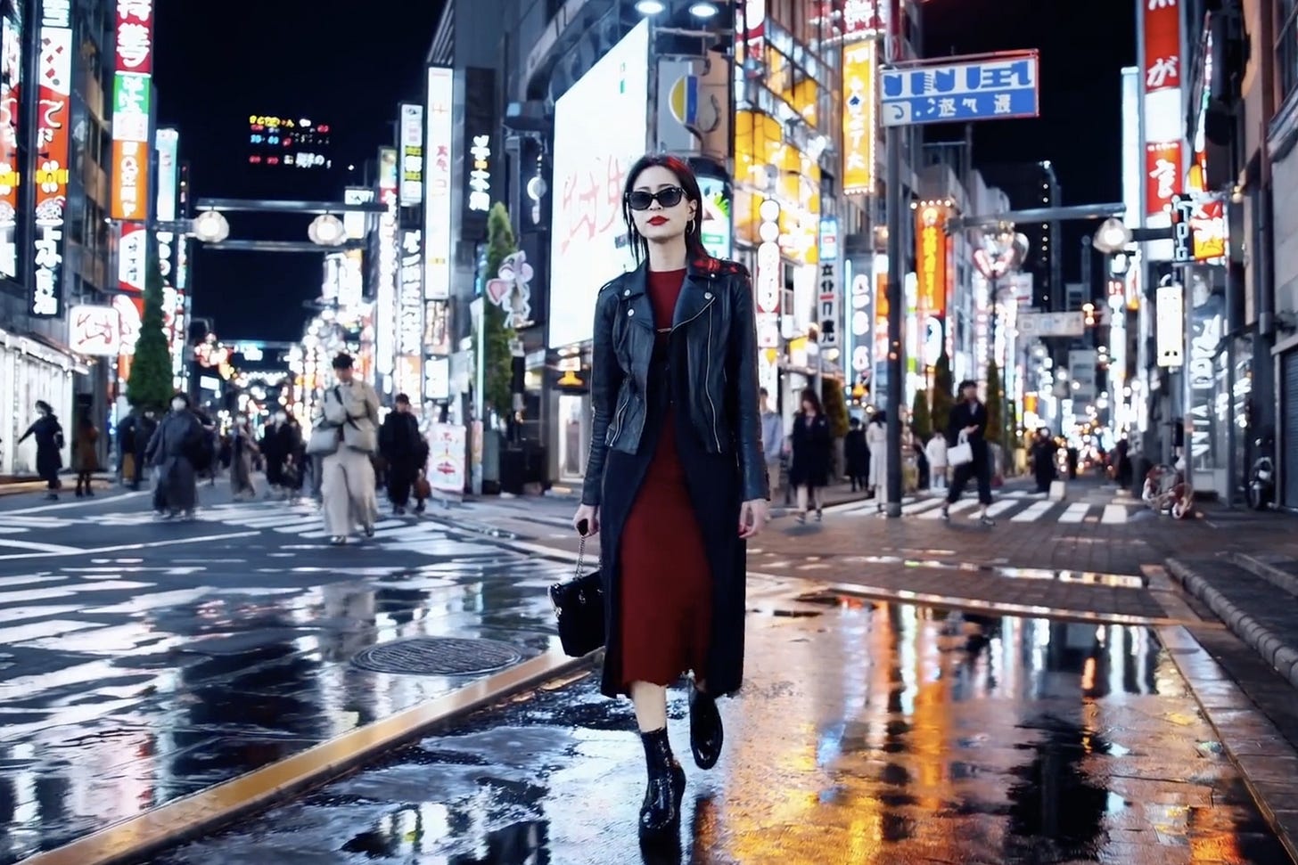 An AI-generated video showing someone walking on a street in Tokyo