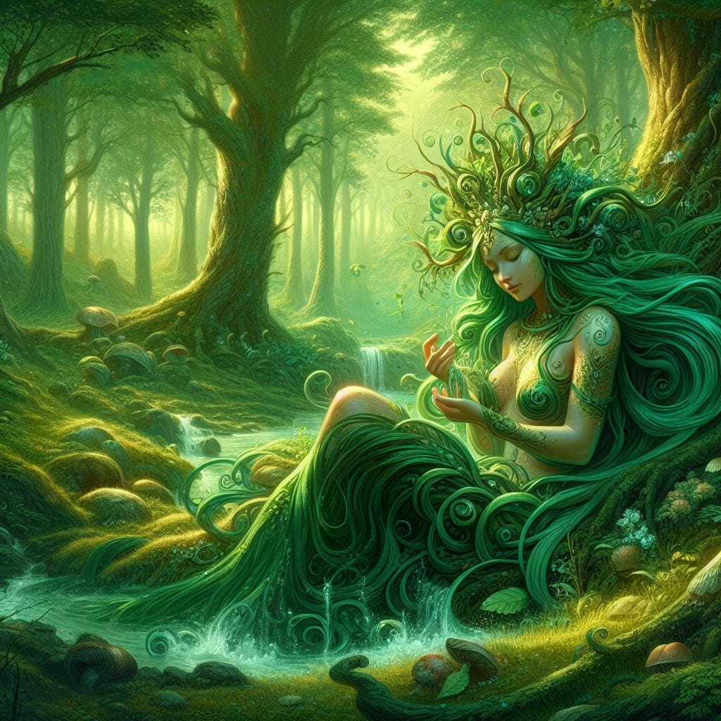 Beautiful green forest with Goddess Gaia sitting on the grass digital art