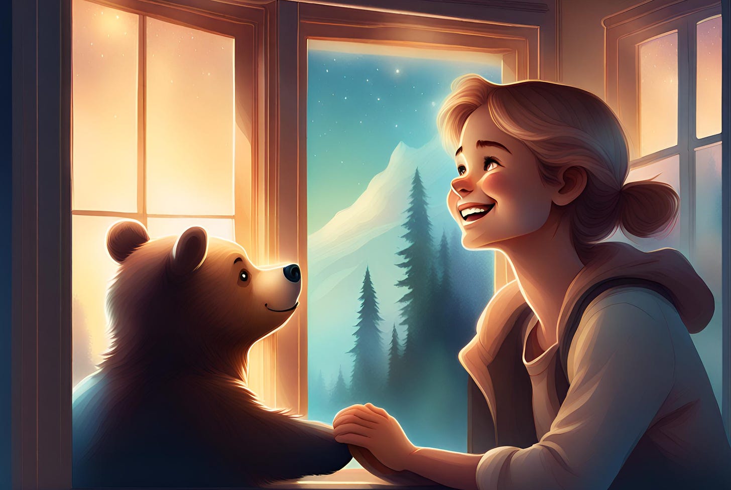 Illustration of a happy person holding a bear cub’s paw