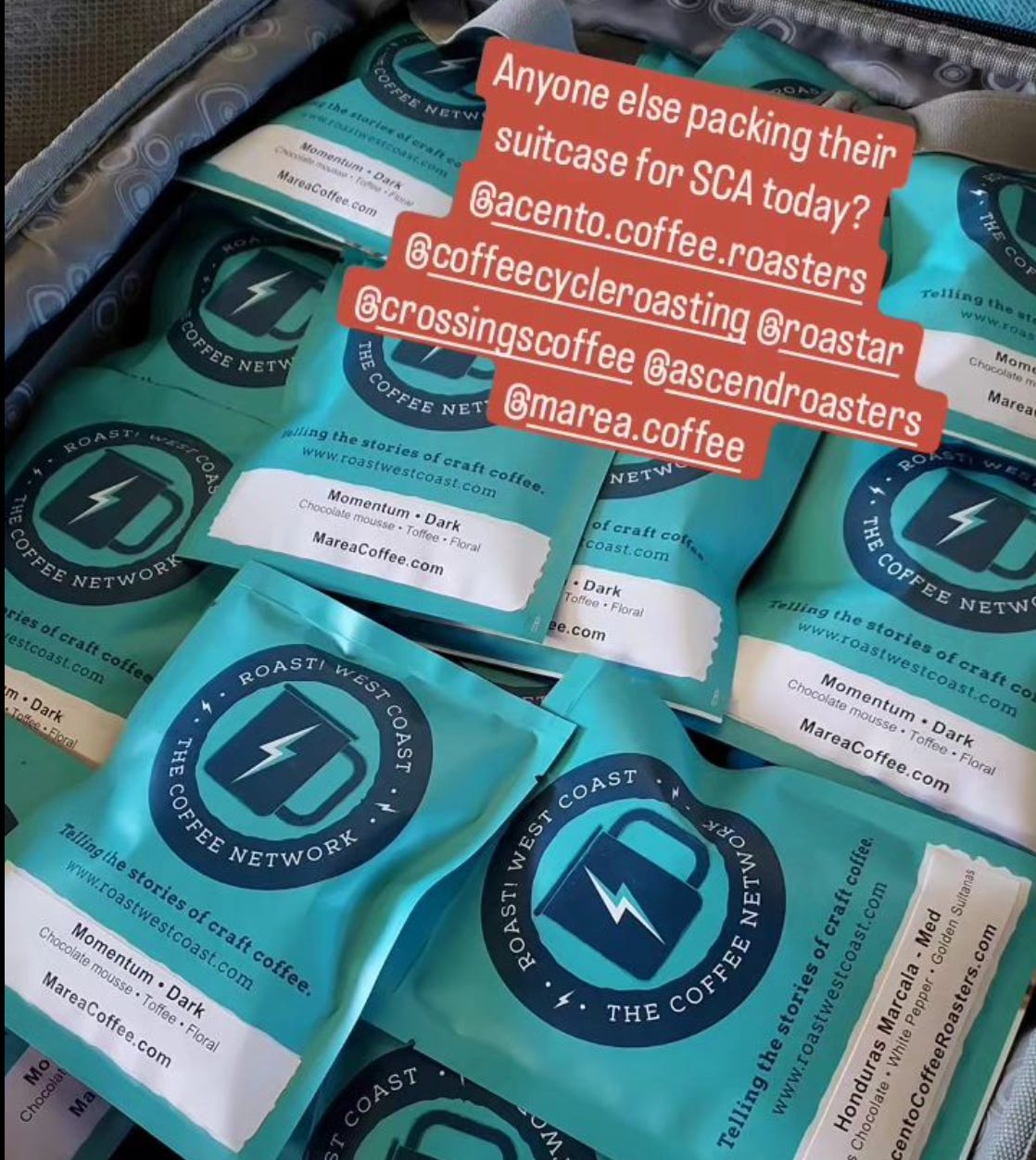 Sample packages of coffee a stacked in a backpack featuring a teal background and the dark blue coffee mug with a lightning bolt logo of Roast! West Coast