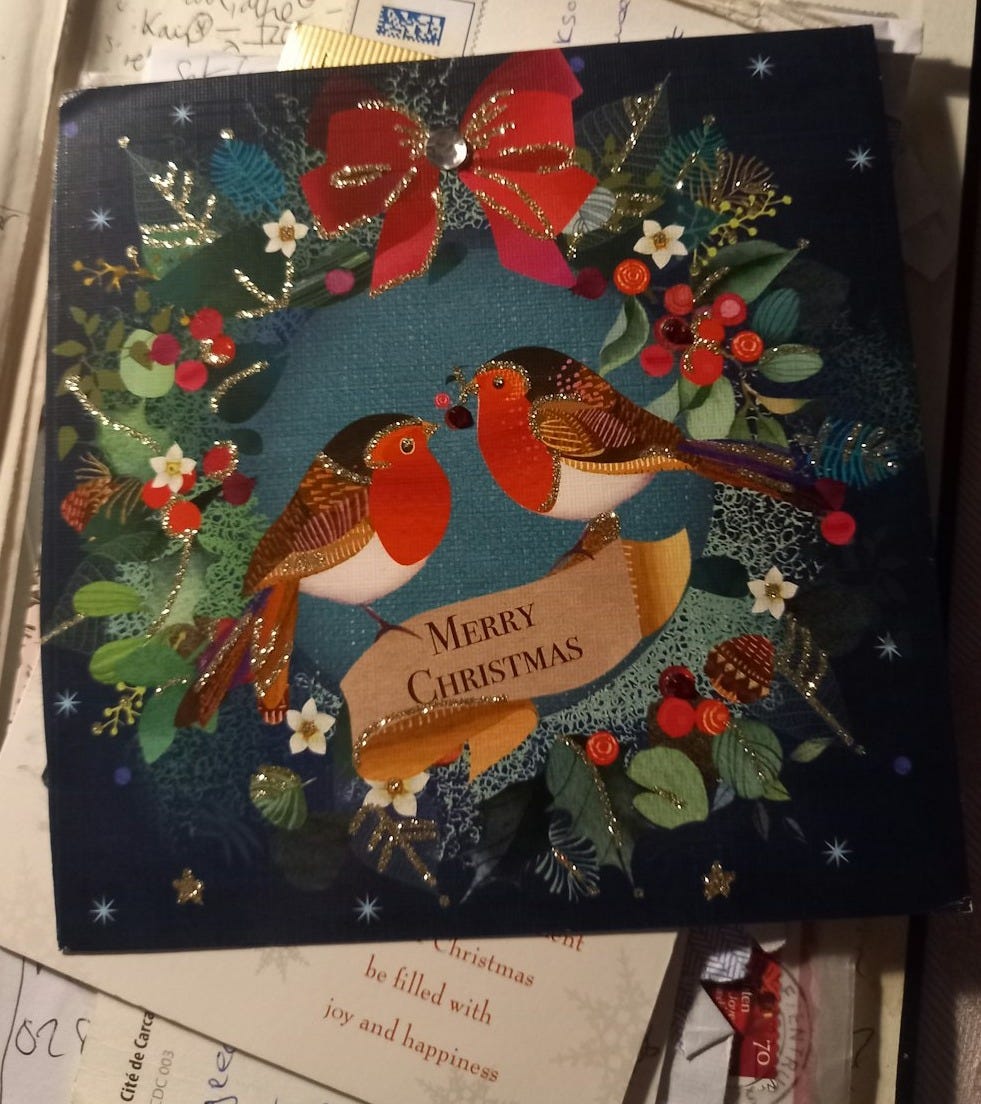 a christmas card with two birds on it