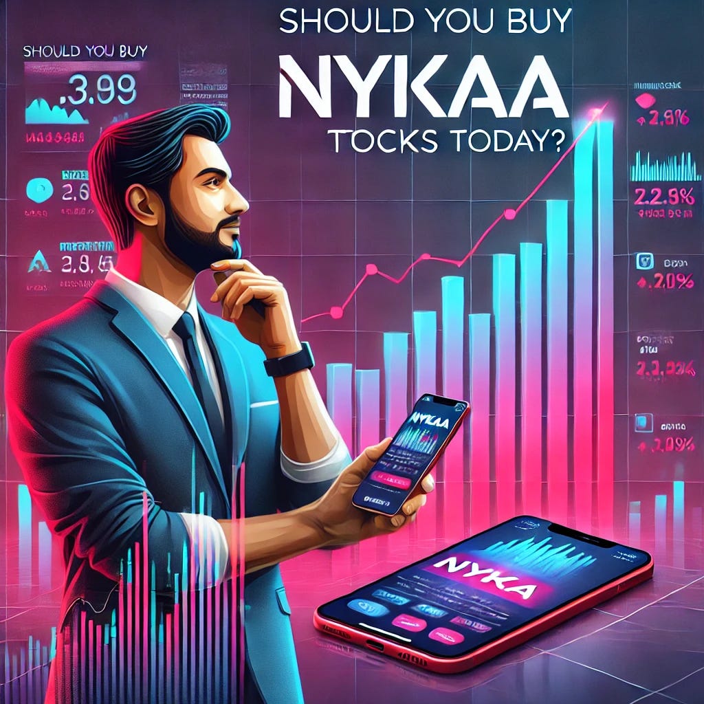 A modern stock market-themed digital graphic with the question 'Should you buy Nykaa stocks today?' displayed prominently. The image features a rising stock chart in the background with Nykaa's logo subtly incorporated. A confident investor, holding a smartphone with a stock trading app open, looks at the screen thoughtfully. The color scheme is vibrant, using shades of pink and blue to reflect Nykaa’s brand identity. The overall design should be sleek and engaging, suitable for financial and business content.